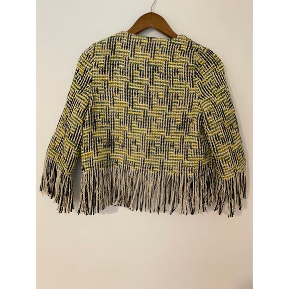 Emin and Paul Tweed Fringe Yellow Green Black Lady Jacket Wool Blend EUC Crop S - Picture 7 of 10